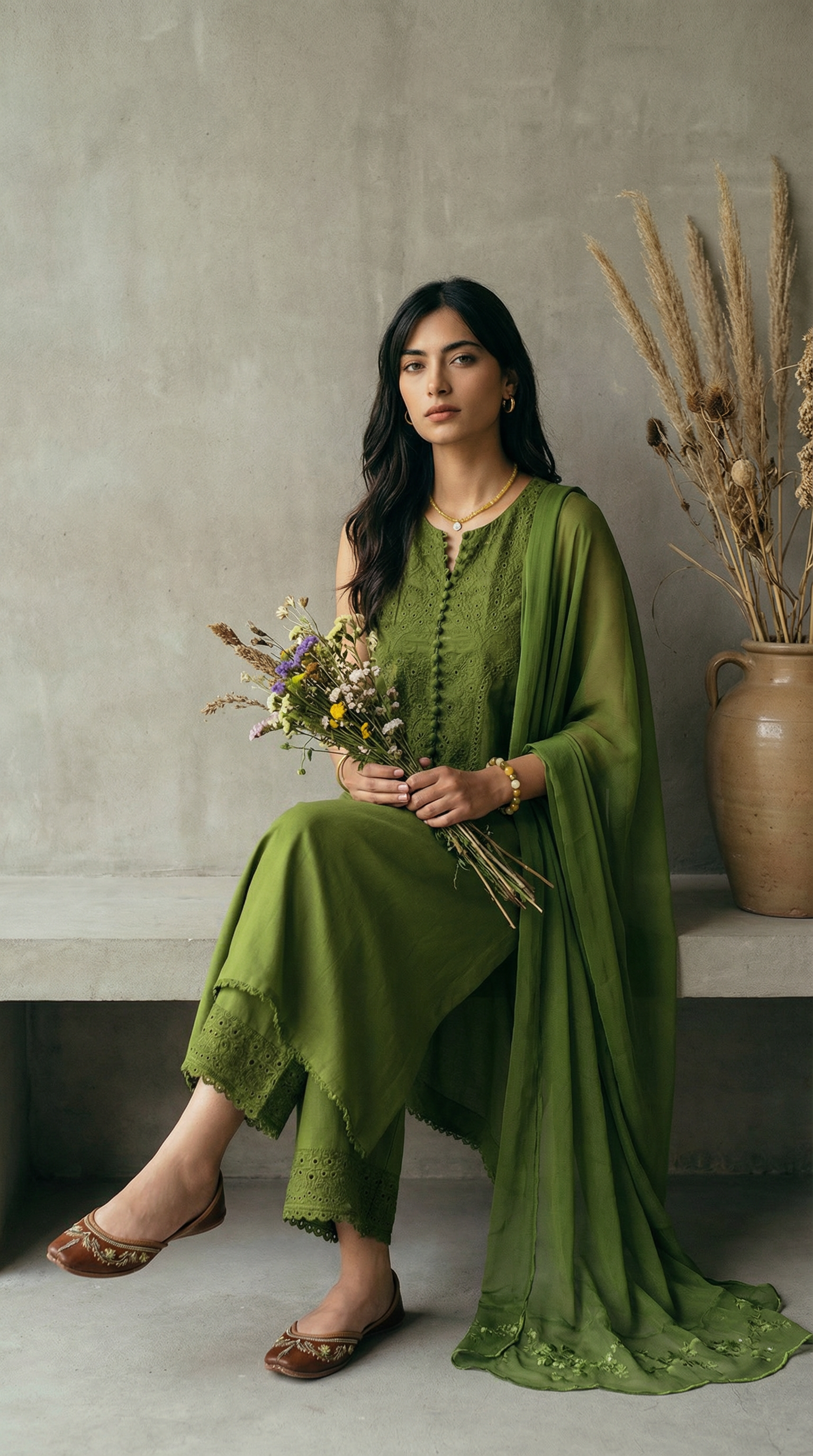 Woman in a green traditional outfit holding flowers against a neutral background