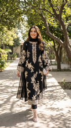 Lahzeh | 3 PC Navy Chiffon Dupatta