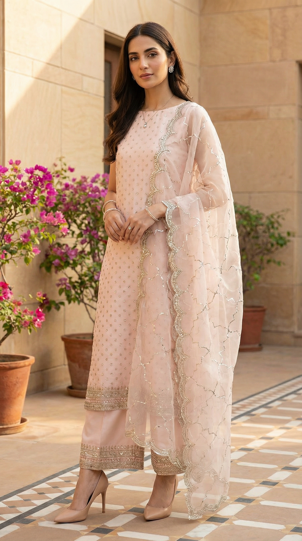 Pink Suit with Organza Dupatta