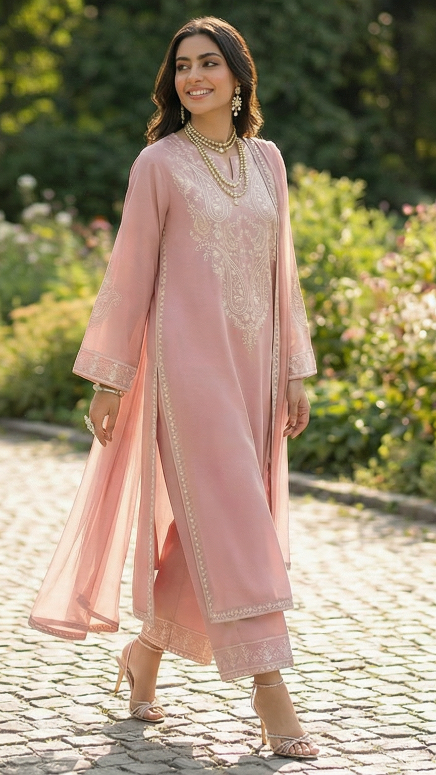 Woman in a pink traditional outfit standing on a garden path with greenery around.