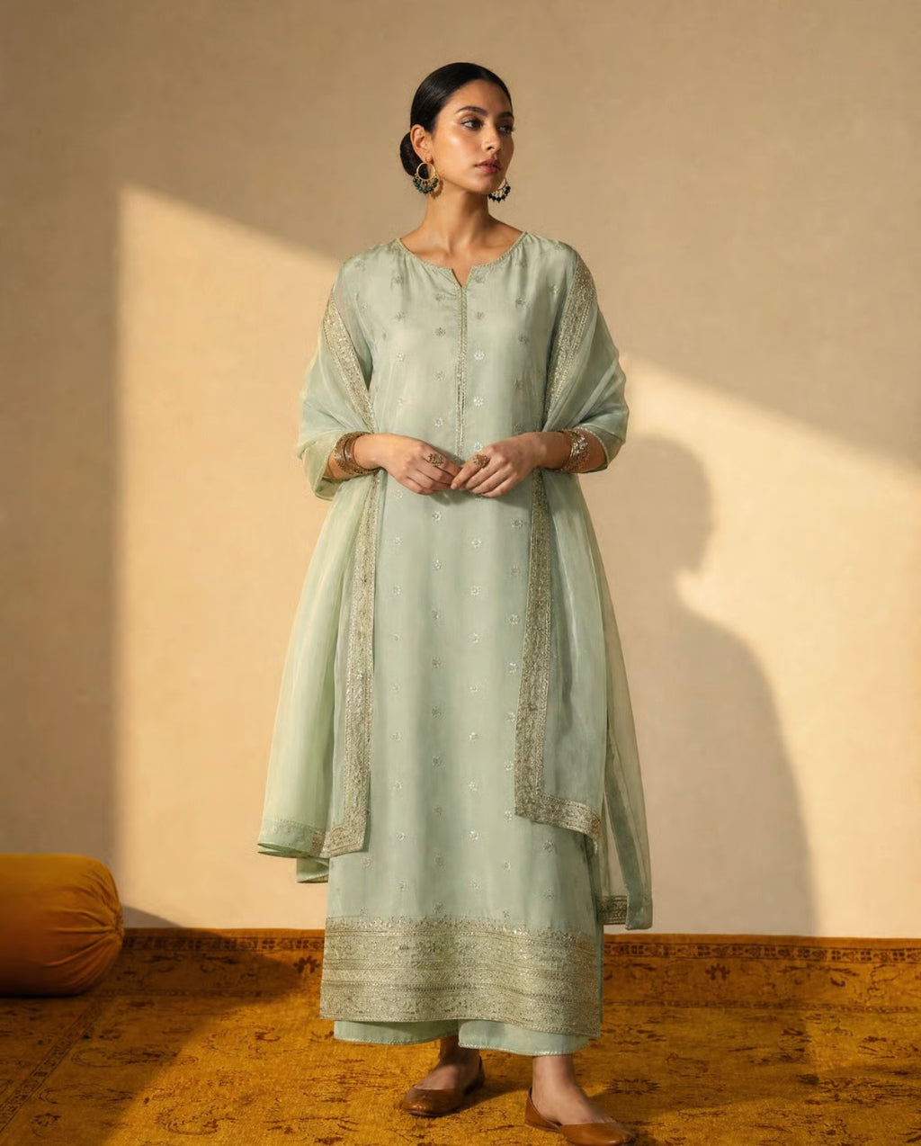 Woman wearing a light green traditional outfit with a plain background
