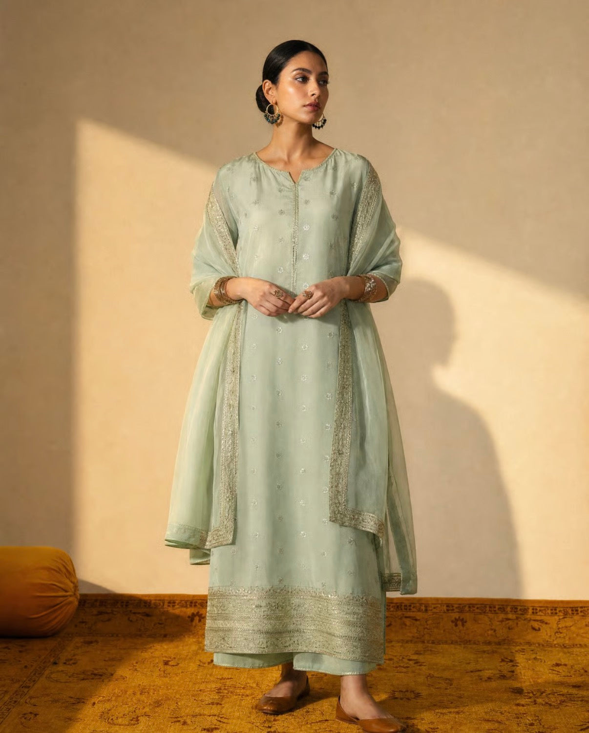 Woman wearing a light green traditional outfit with a plain background
