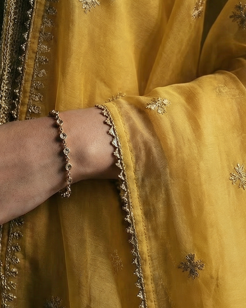 Yellow embroidered traditional outfit with a dark background